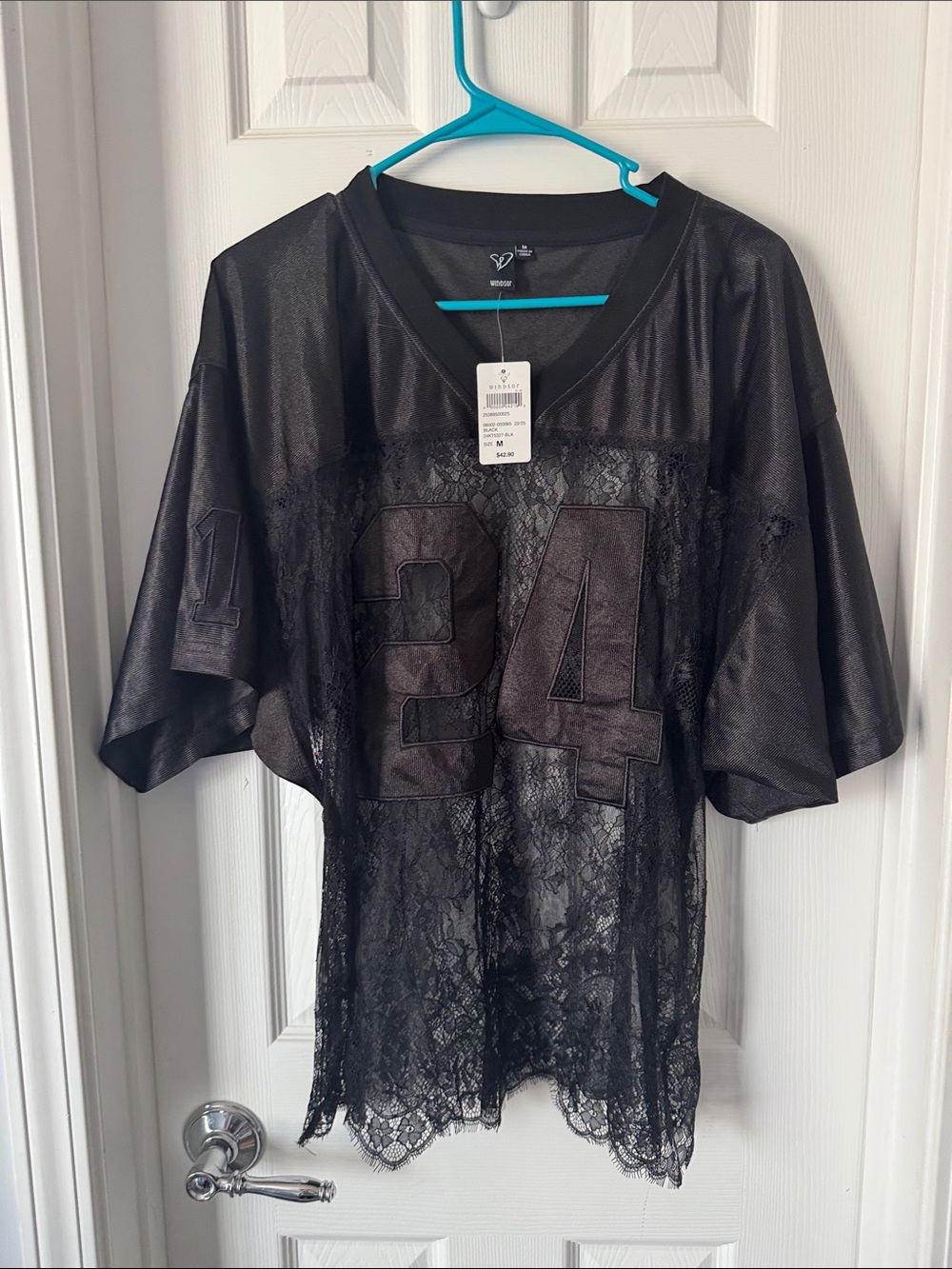 Windsor Black Lace-Panel Jersey Top with '24' Appliqué
